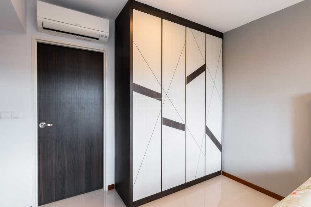 Scandinavian Bedroom with Homogeneous Tiles and Ceiling Light