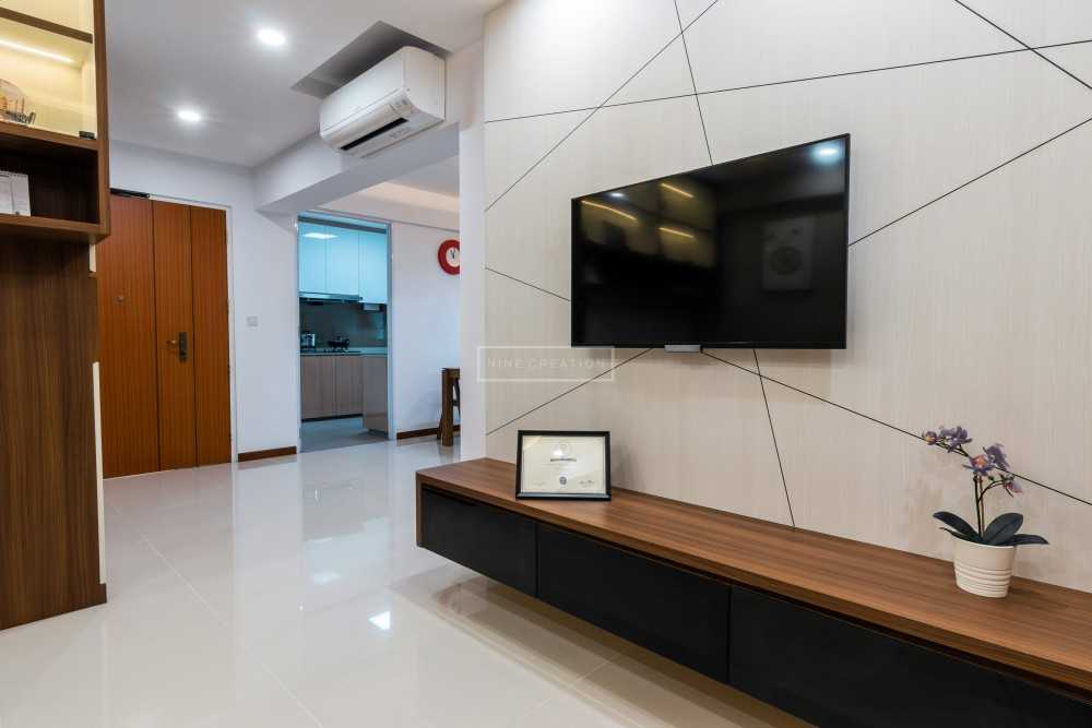 Scandinavian Living Room with TV Console and Feature Wall