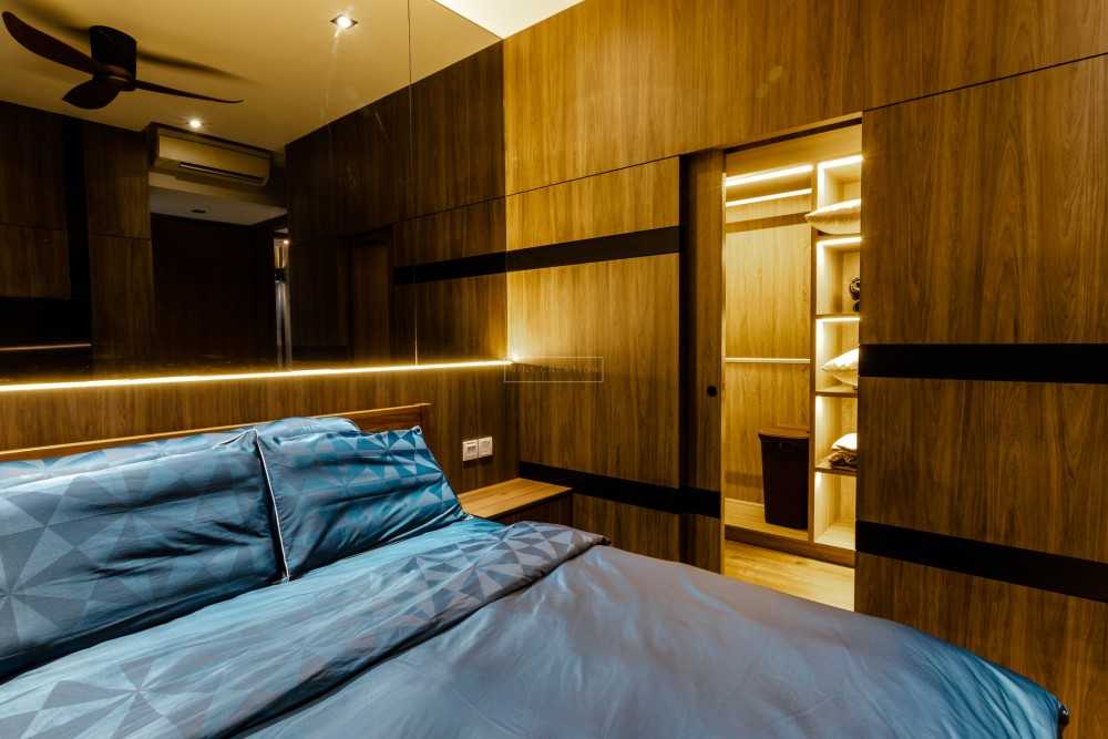 Industrial Bedroom with Cove Lighting and Wardrobe