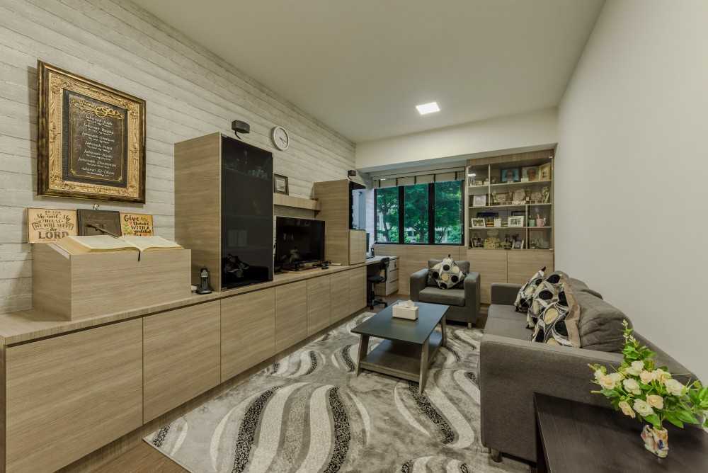 Contemporary Living Room with Bookshelf and Vinyl Flooring
