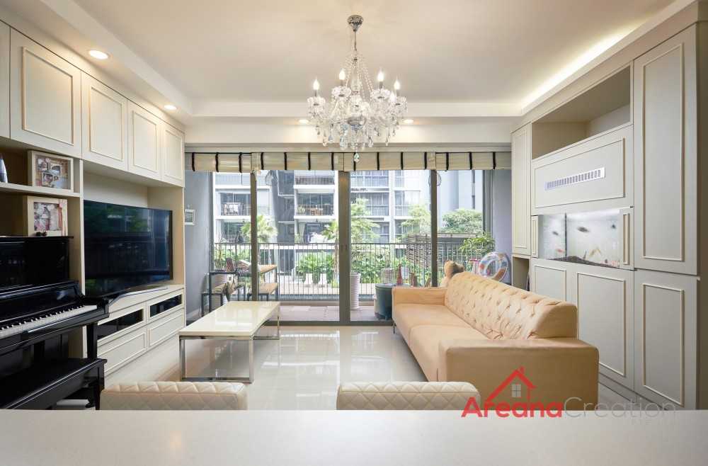 Modern Living Room with Bookshelf and Cement Floor