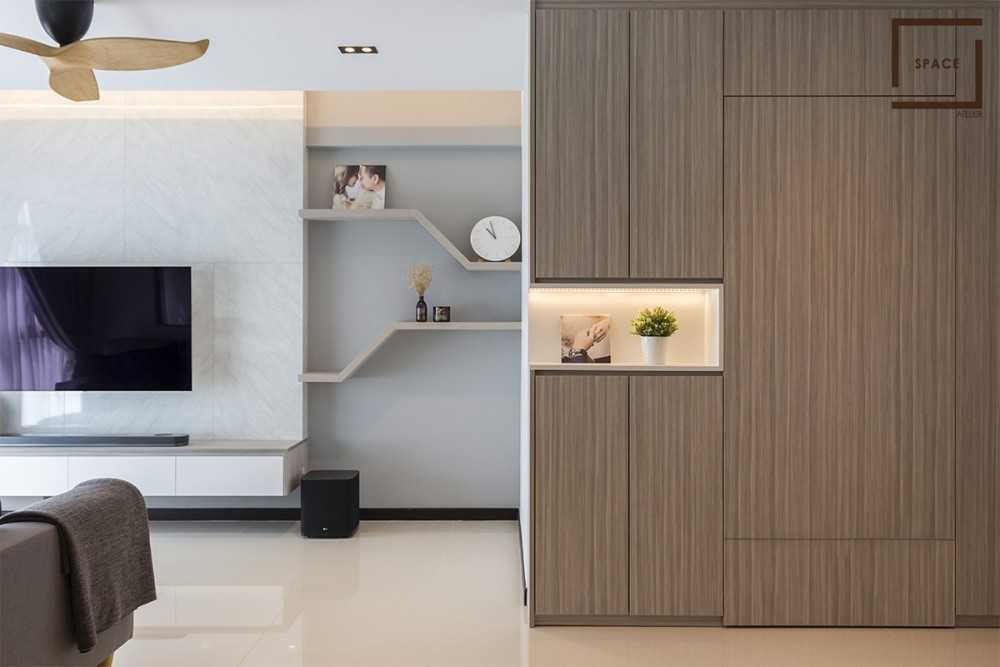Scandinavian Living Room with Homogeneous Tiles and TV Console