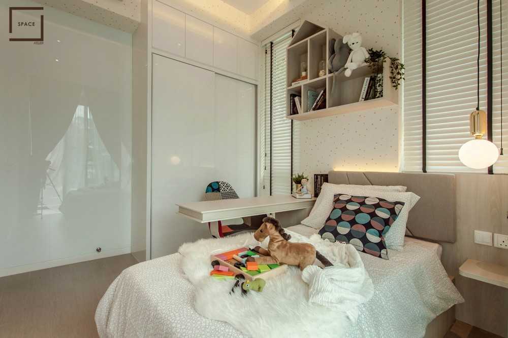 Contemporary Bedroom with Bookshelf and Drop Light