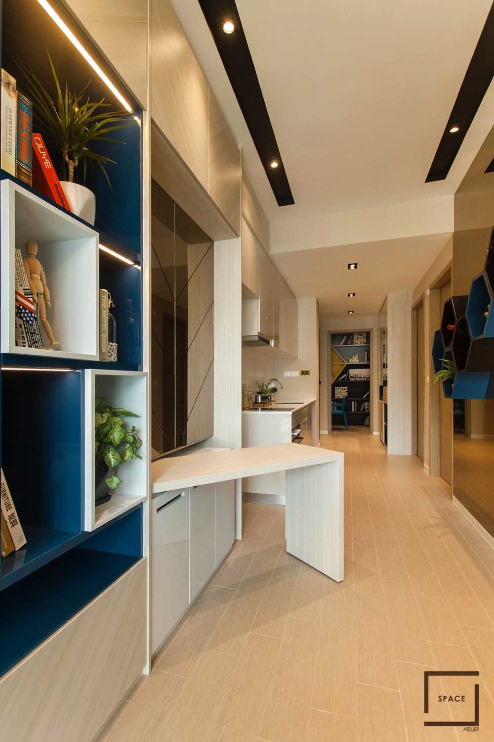Contemporary Living Room with TV Console and Drop Light