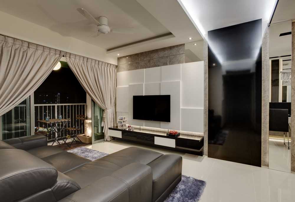 Contemporary Living Room with Homogeneous Tiles and TV Console
