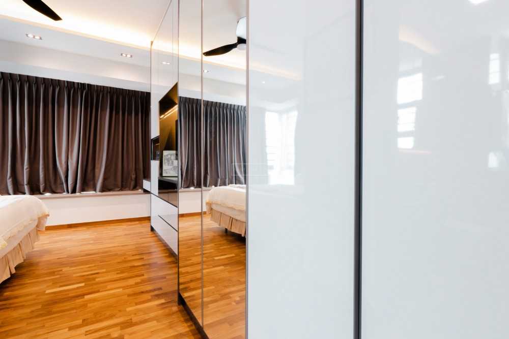 Contemporary Bedroom with Parquet Floor and Cove Lighting