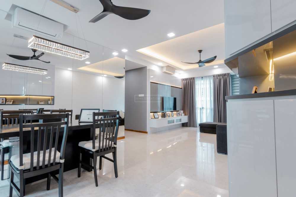 Contemporary Living Room with Homogeneous Tiles and Feature Wall