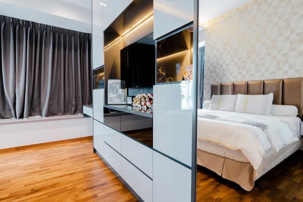 Contemporary Bedroom with Parquet Floor and Cove Lighting