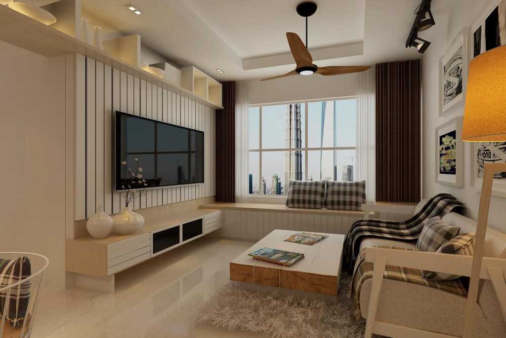 Scandinavian Living Room with Feature Wall and Drop Ceiling