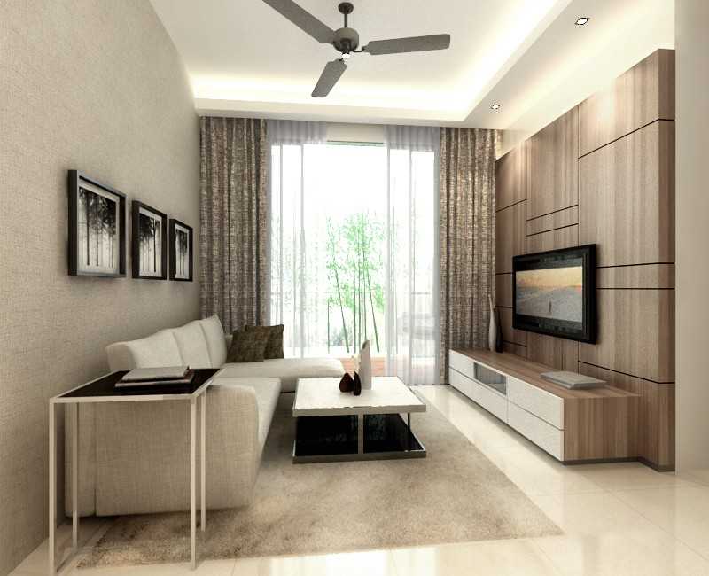 Contemporary Living Room with Homogeneous Tiles and TV Console