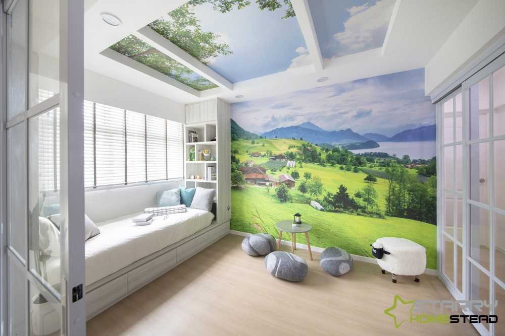 Country Bedroom with Bookshelf and Platform Bed