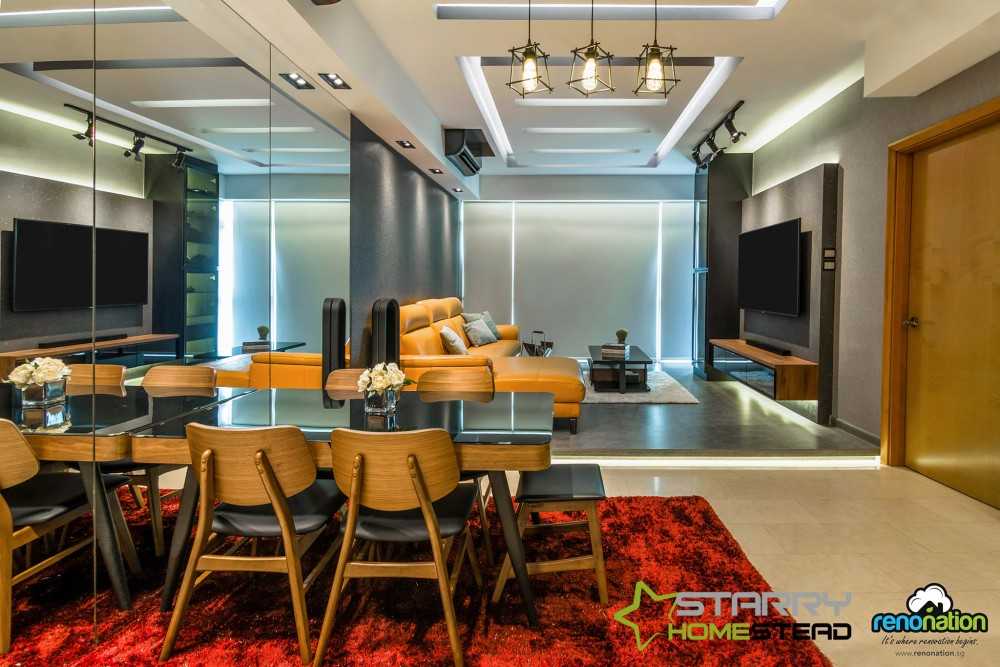 Contemporary Living Room with Mirror and Dining Table