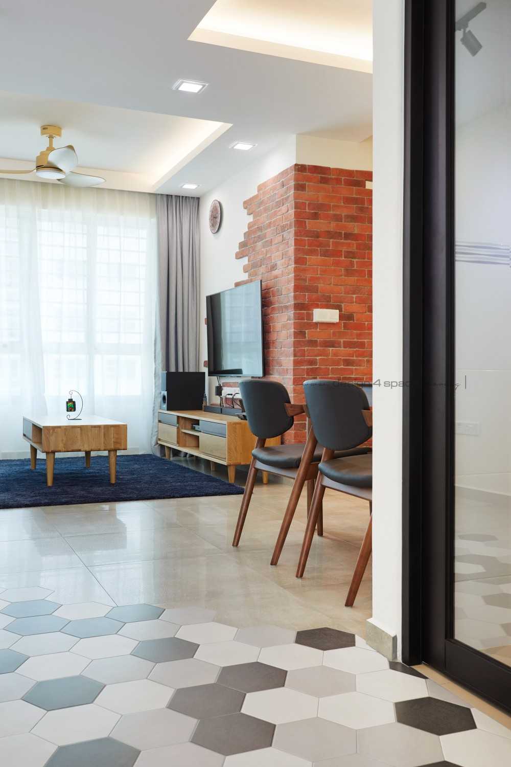 Industrial Living Room with Homogeneous Tiles and TV Console