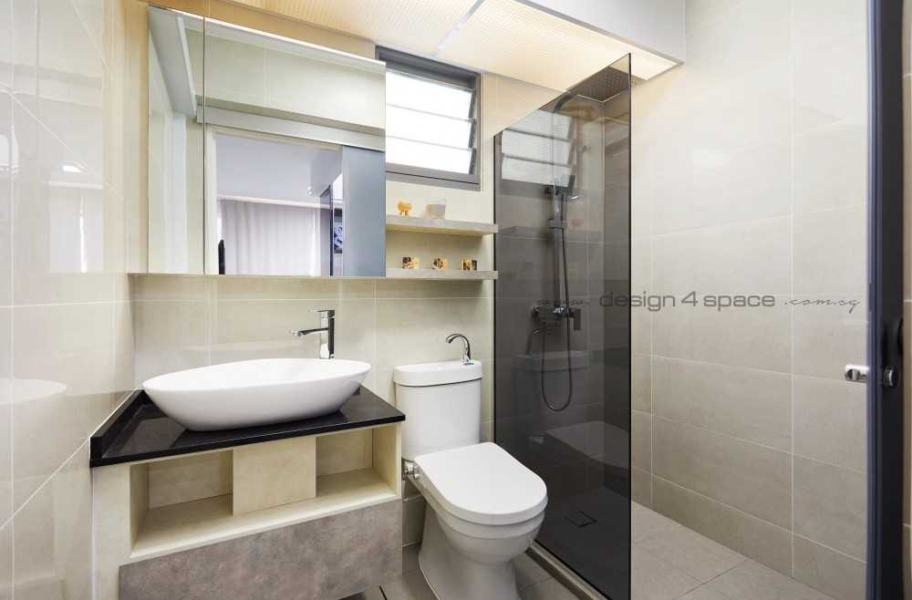 Scandinavian Bathroom with Wood Flooring and Mirror