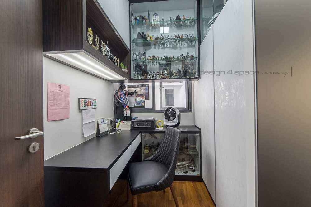 Contemporary Home Office with Wallpaper and Storage Cabinets