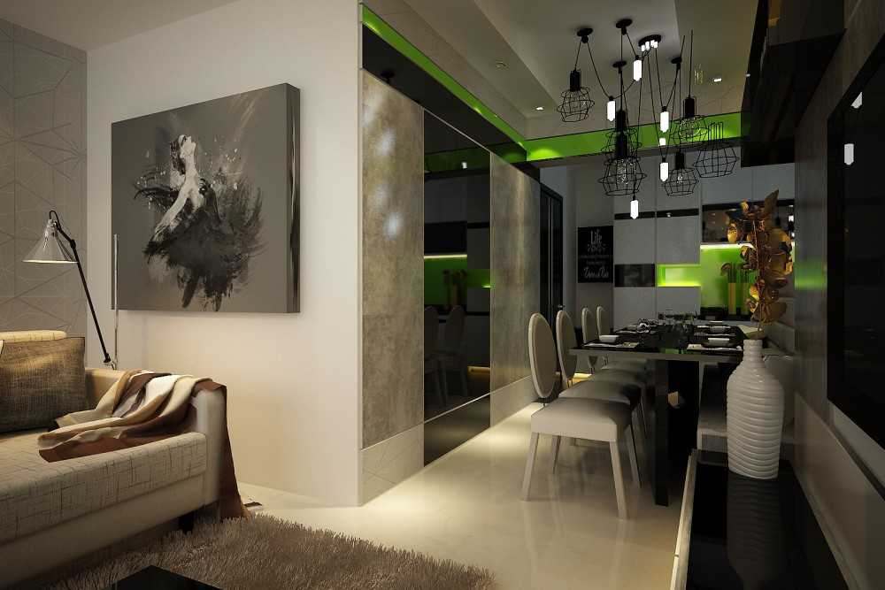 Contemporary Dining Room with Drop Light and Mirror