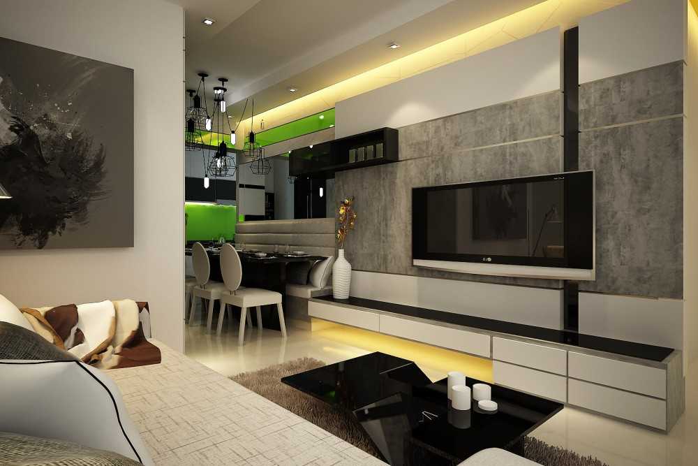 Contemporary Living Room with Homogeneous Tiles and TV Console