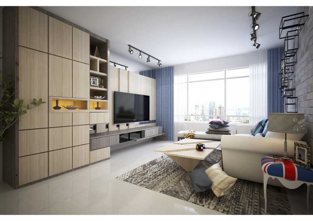 Contemporary Living Room with Homogeneous Tiles and TV Console