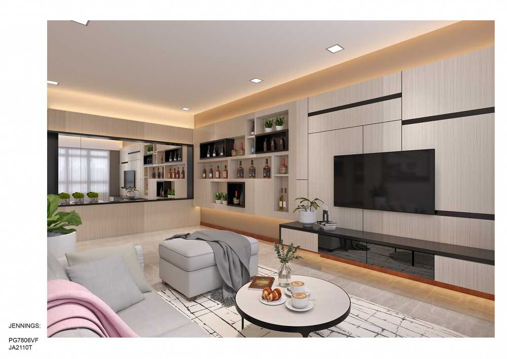 Contemporary Living Room with Homogeneous Tiles and TV Console