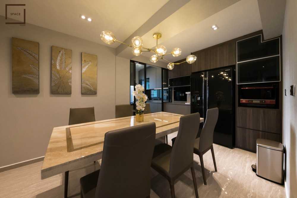 Contemporary Kitchen with Chandelier and Dining Table