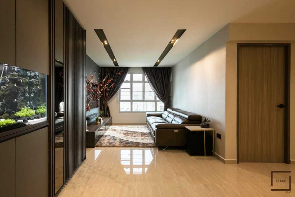 Contemporary Living Room with Granite Floor and TV Console
