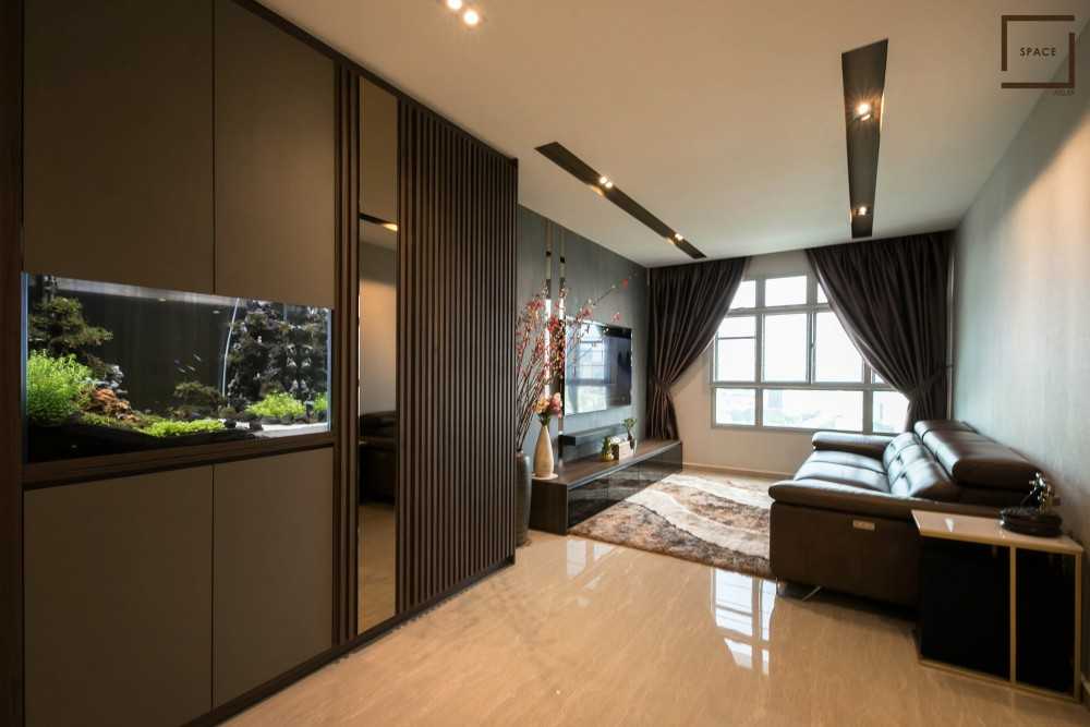 Contemporary Living Room with Granite Floor and TV Console