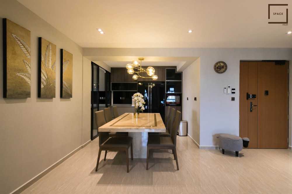 Contemporary Kitchen with Granite Floor and Chandelier