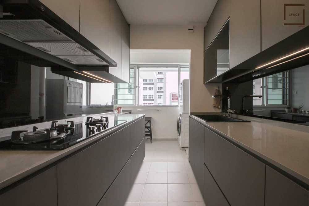 Contemporary Kitchen with Kitchen Window and Cupboard