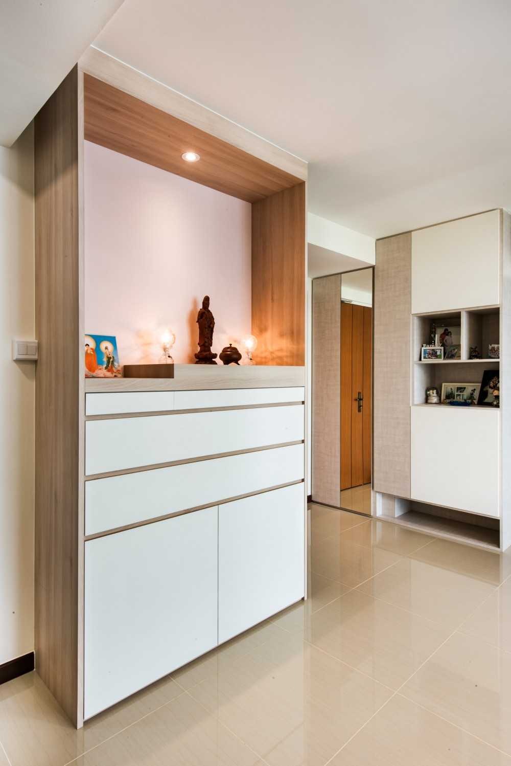 Contemporary Foyer with Homogeneous Tiles and Altar