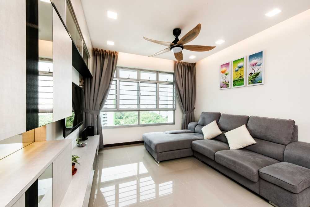 Contemporary Living Room with Homogeneous Tiles and Cove Lighting