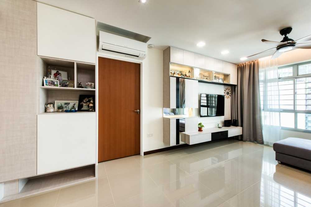 Contemporary Living Room with Homogeneous Tiles and TV Console