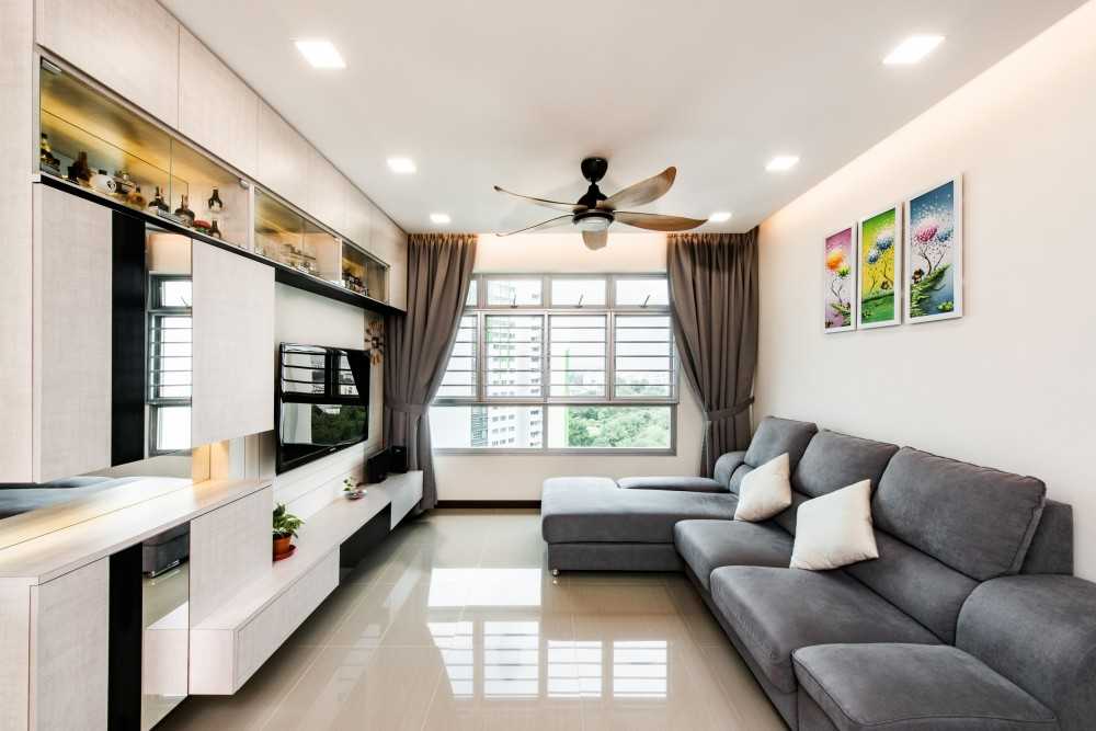 Contemporary Living Room with Homogeneous Tiles and TV Console