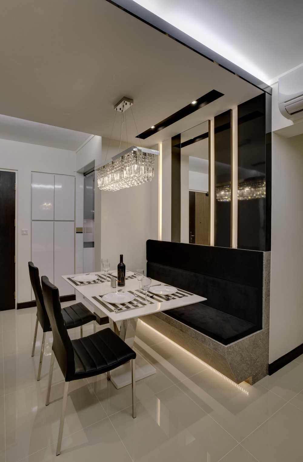 Contemporary Dining Room with Mirror and Cove Lighting