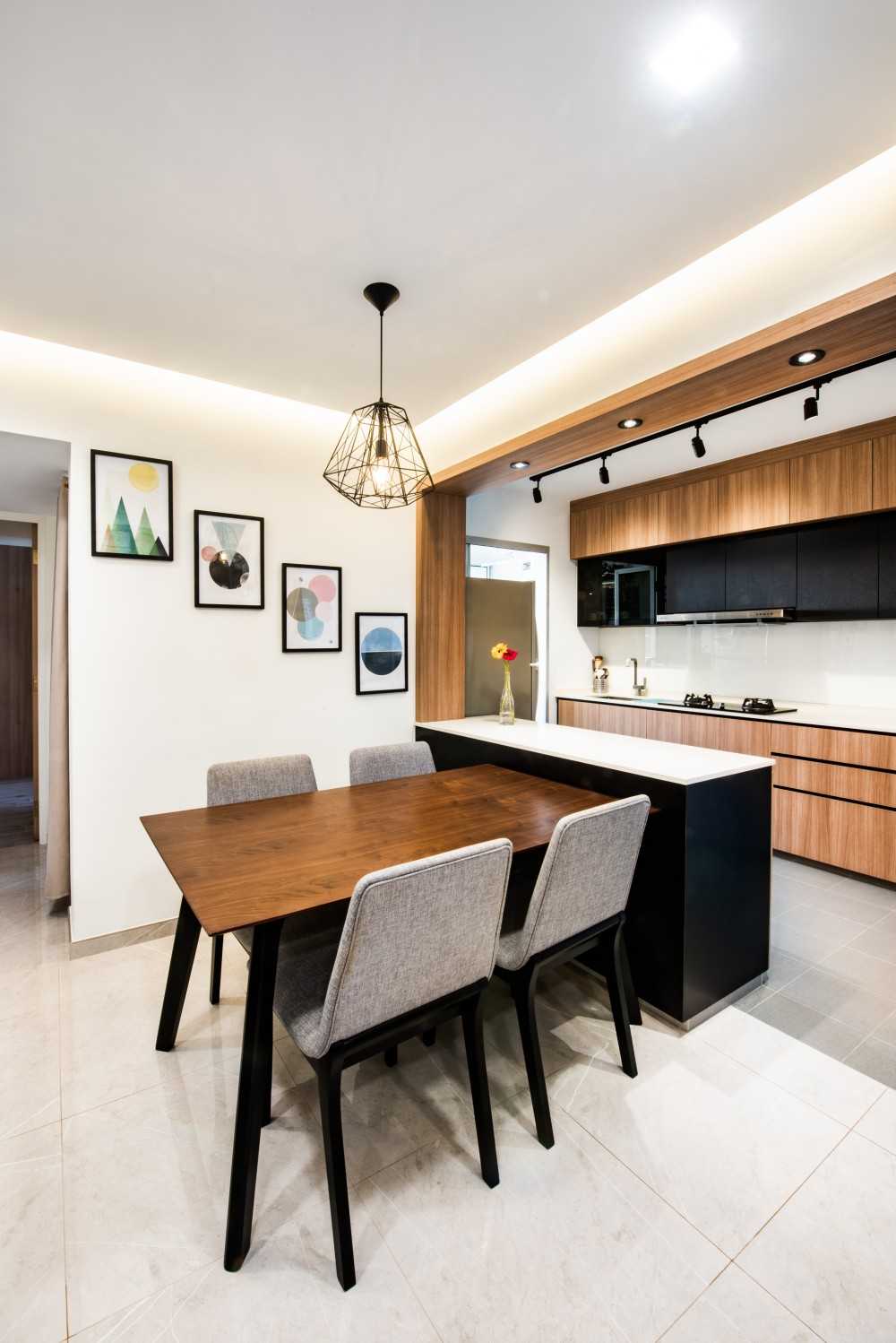 Contemporary Dining Room with Countertop and Drop Light