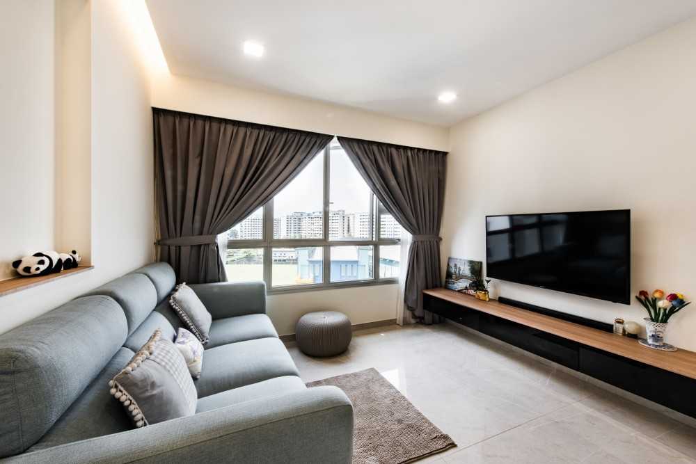 Contemporary Living Room with Homogeneous Tiles and TV Console