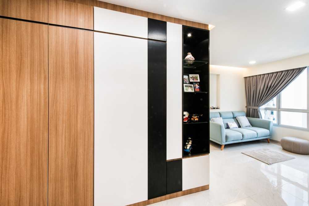 Contemporary Entryway with Homogeneous Tiles and Display Cabinets