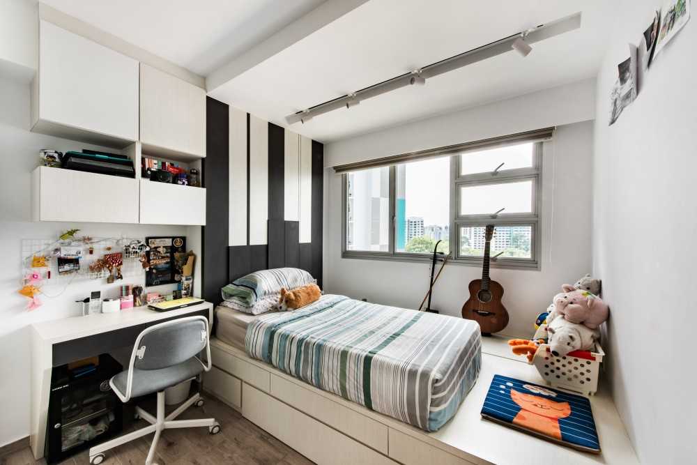 Contemporary Bedroom with Bookshelf and Platform Bed