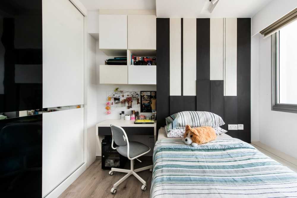 Contemporary Bedroom with Bookshelf and Platform Bed