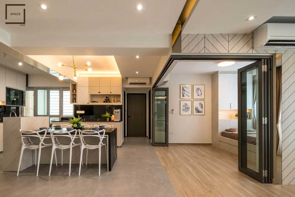 Contemporary Living Room with Homogeneous Tiles and TV Console