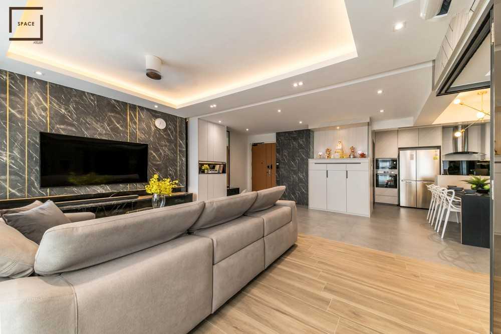Contemporary Living Room with TV Console and Drop Ceiling