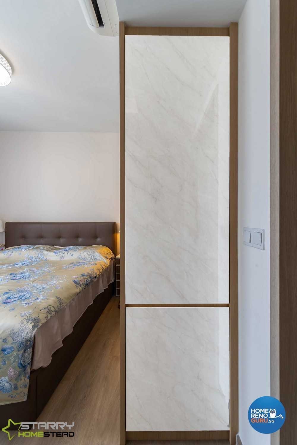 Scandinavian Bedroom with Storage Cabinets and Bed