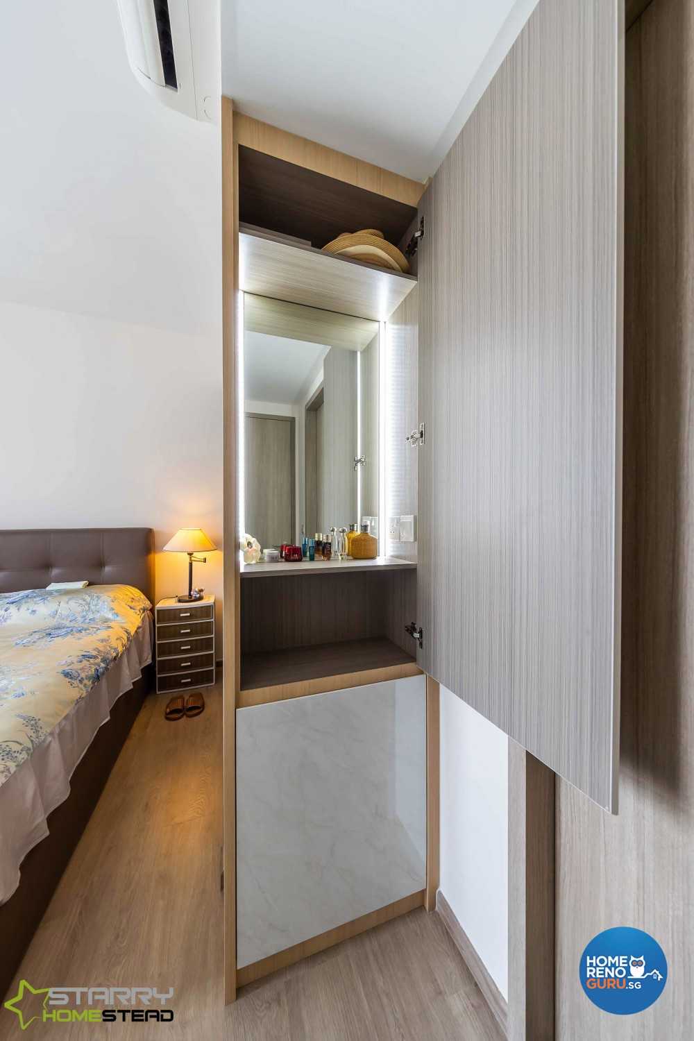 Scandinavian Bedroom with Storage Cabinets and Bed