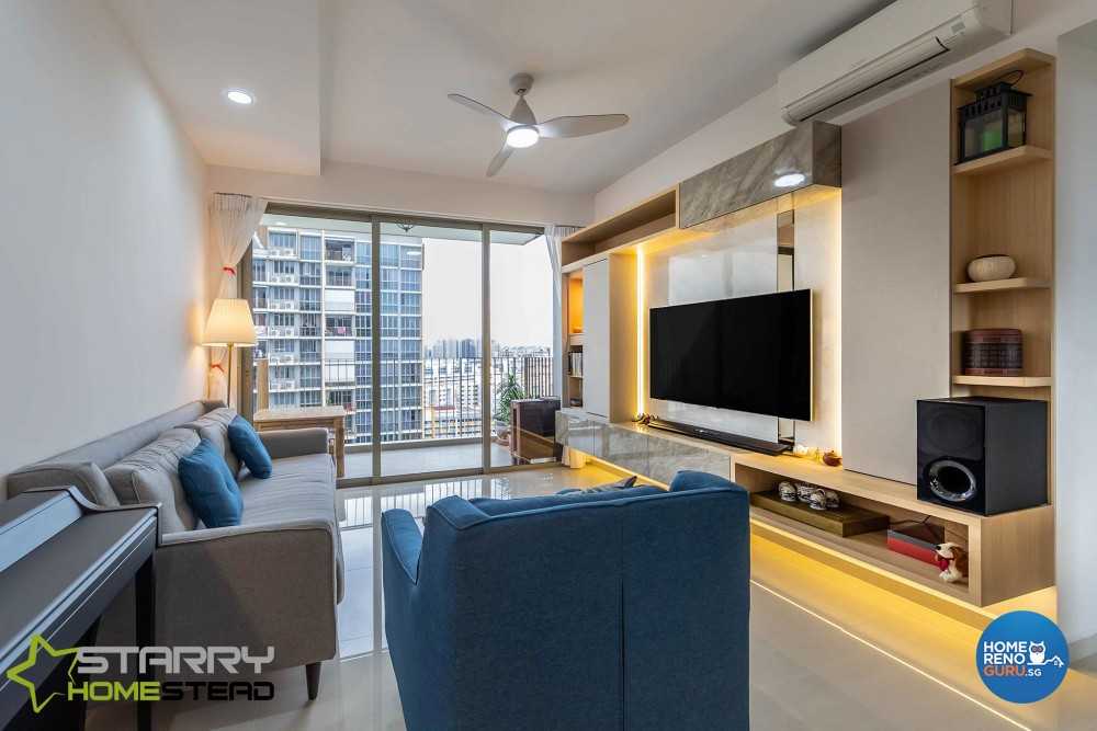 Scandinavian Living Room with TV Console and Feature Wall