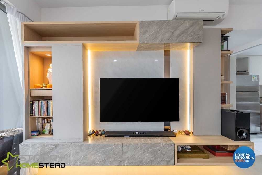 Scandinavian Living Room with TV Console and Feature Wall