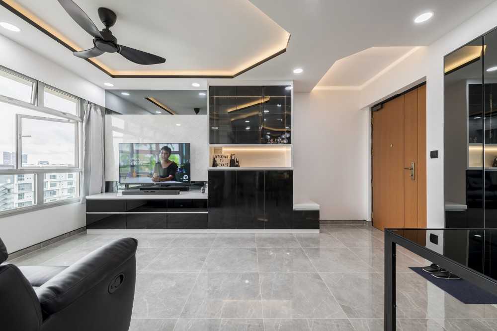 Modern Living Room with Bookshelf and Granite Floor