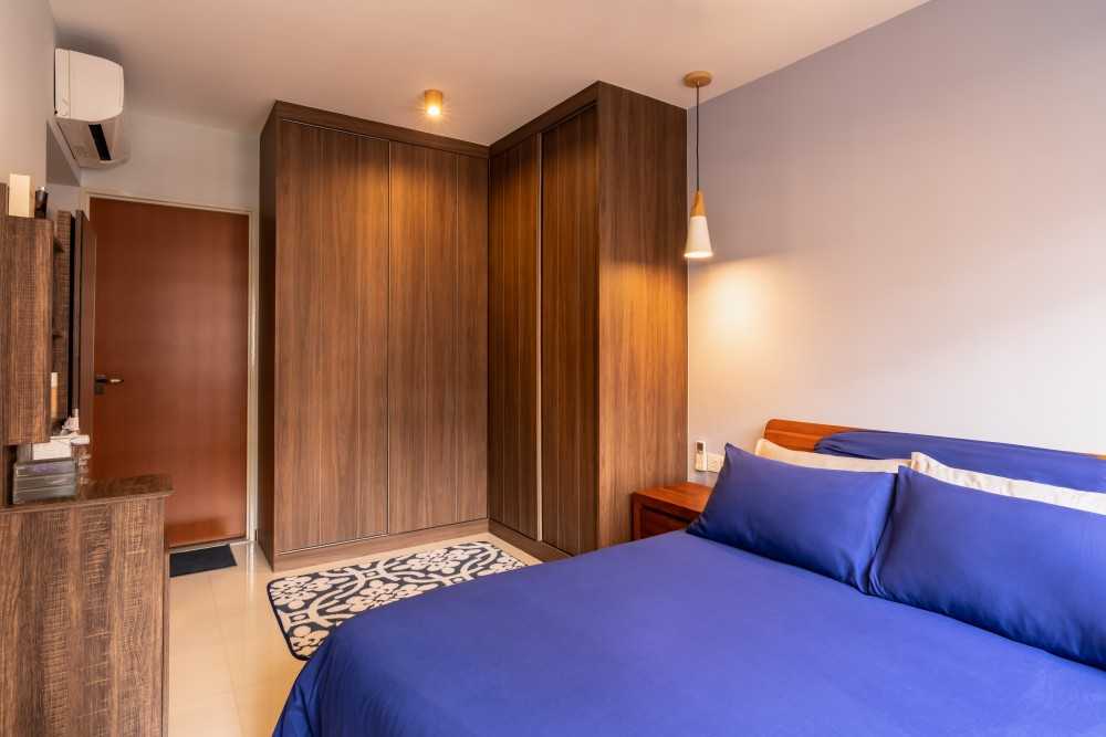Country Bedroom with Homogeneous Tiles and TV Console