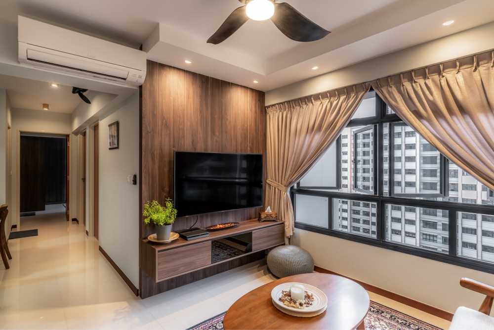 Country Living Room with Homogeneous Tiles and TV Console