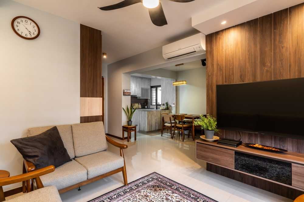 Country Living Room with TV Console and Feature Wall
