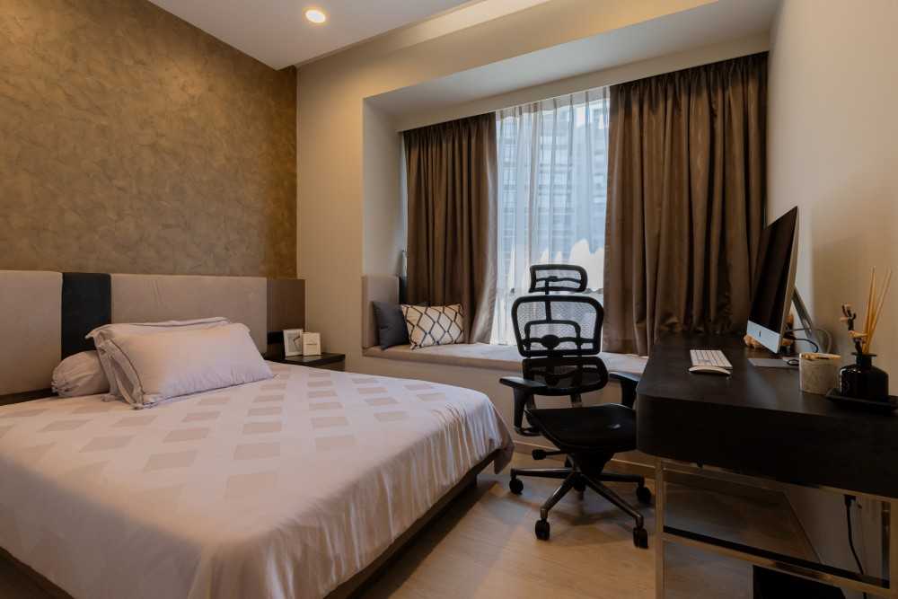 Contemporary Bedroom with Bay Window and Bed