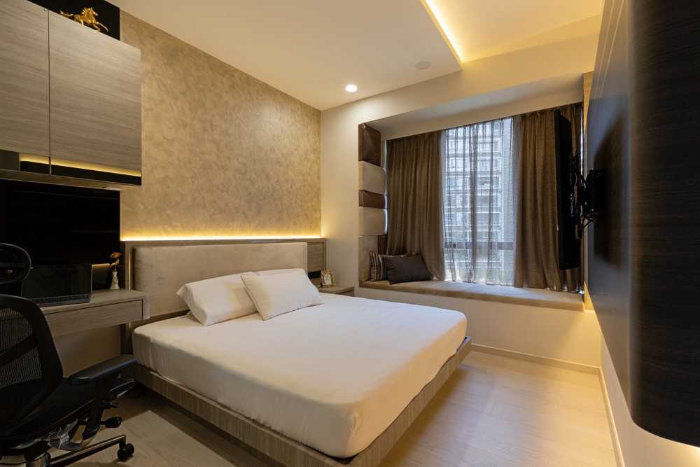 Contemporary Bedroom with Bay Window and Bed